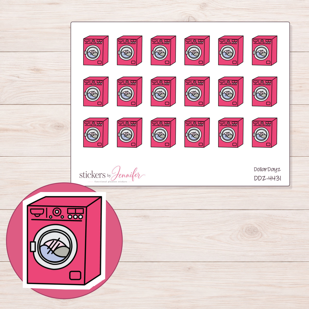 Pink Washing Machine Planner Stickers | DDZ-4431 — 4 × 3 inch sheet and enlarged sticker detail