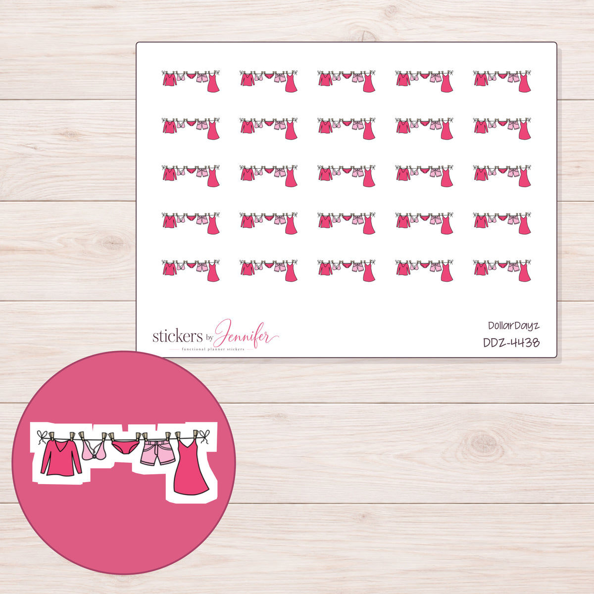 Pink Clothesline Planner Stickers | DDZ-4438 — 4 × 3 inch sheet and enlarged sticker detail