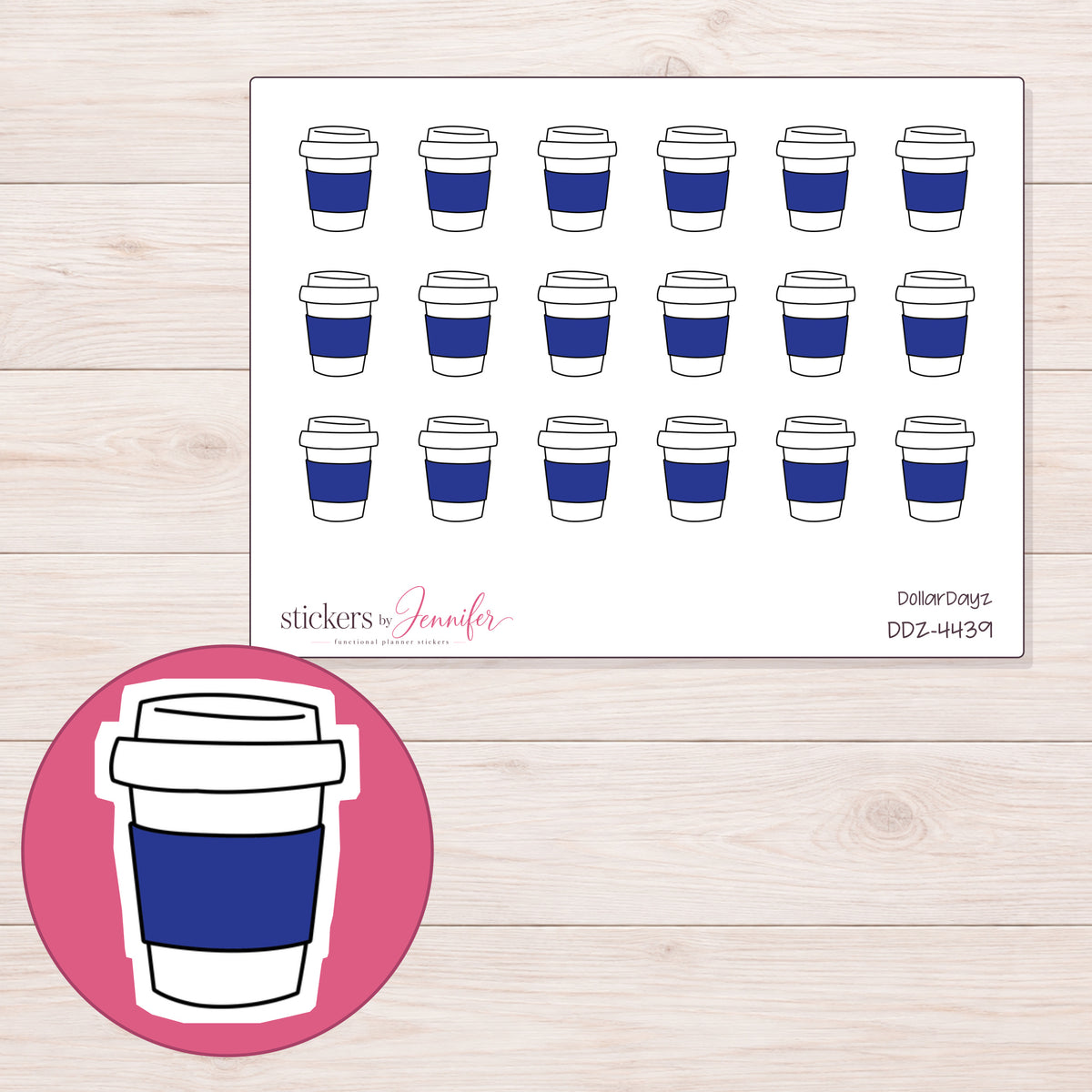 Navy Sleeve Coffee Cup Planner Stickers | DDZ-4439 — 4 × 3 inch sheet and enlarged sticker detail
