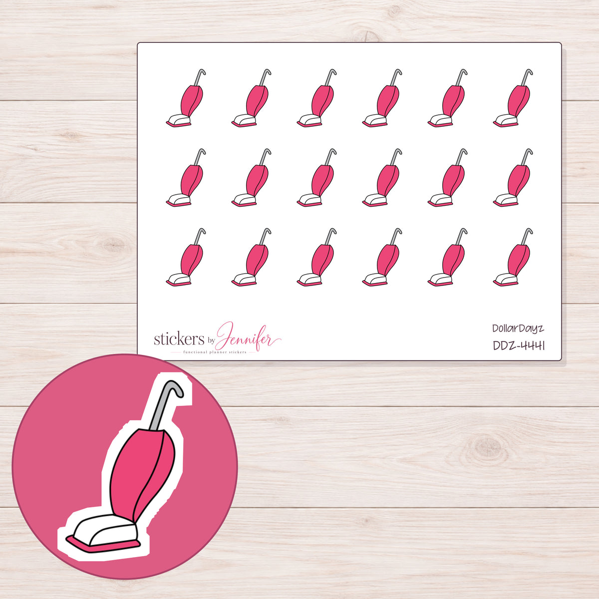 Pink Doodle Vacuum Planner Stickers | DDZ-4441 — 4 × 3 inch sheet and enlarged sticker detail