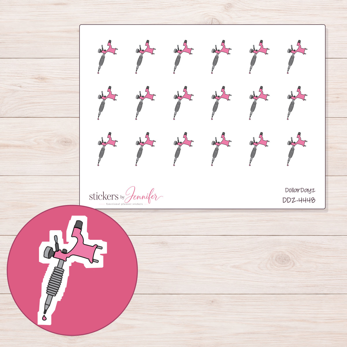 Pink Tattoo Machine Planner Stickers | DDZ-4448 — 4 × 3 inch sheet and enlarged sticker detail