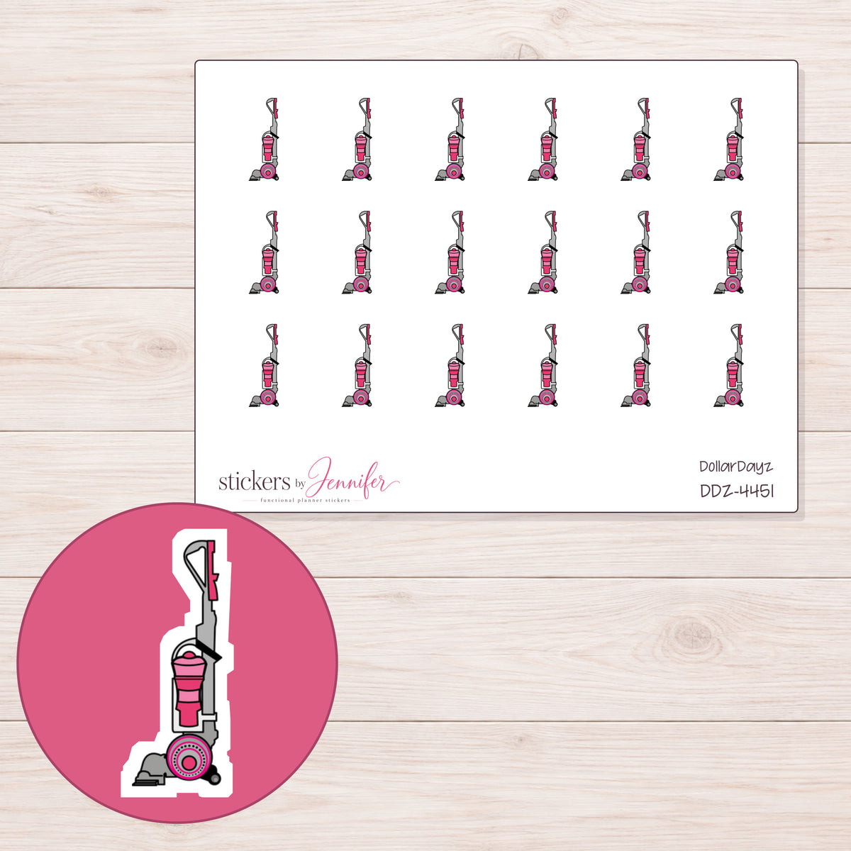 Pink Detailed Upright Vacuum Planner Stickers | DDZ-4451 — 4 × 3 inch sheet and enlarged sticker detail