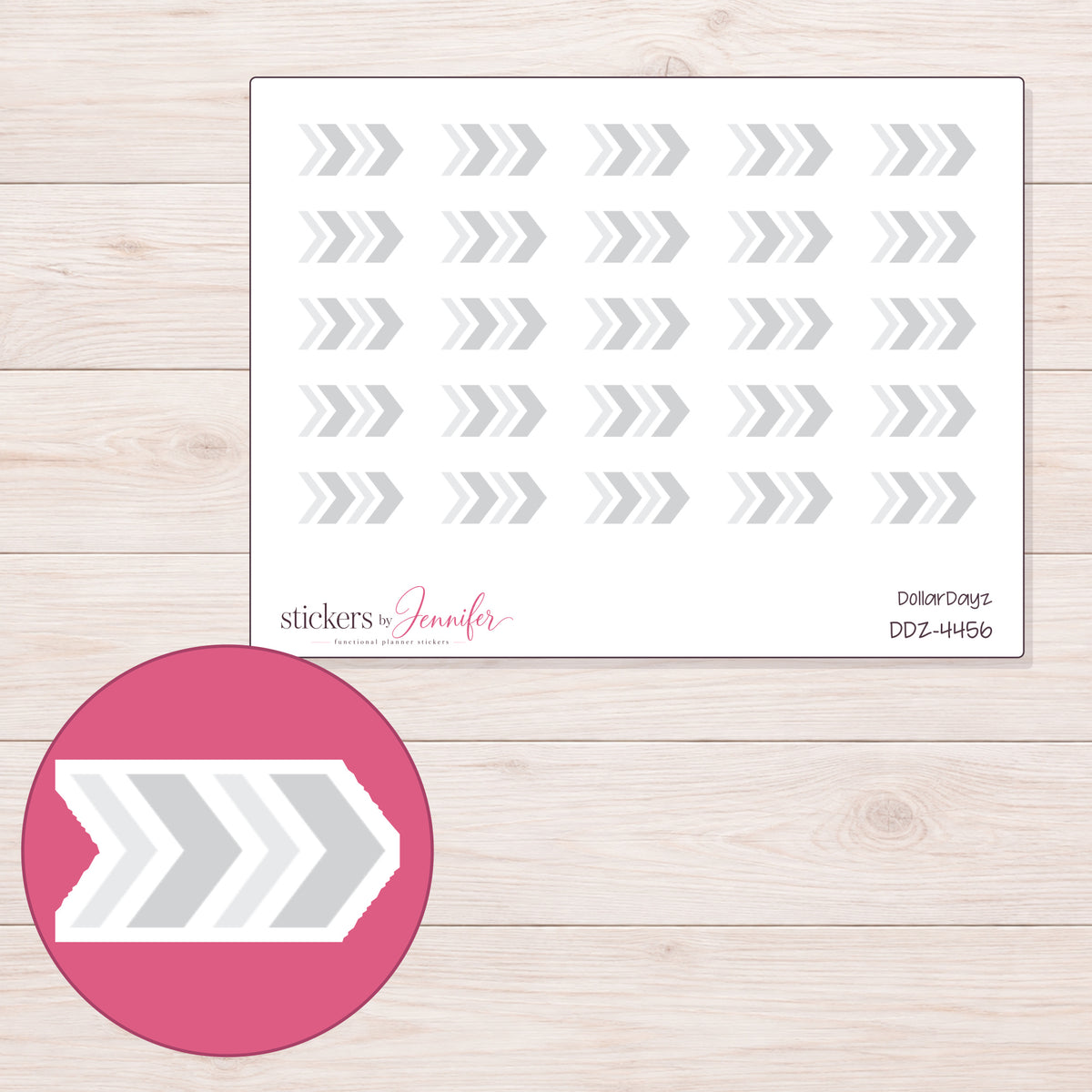 Light Gray Chevron Arrows Planner Stickers | DDZ-4456 — 4 × 3 inch sheet and enlarged sticker detail