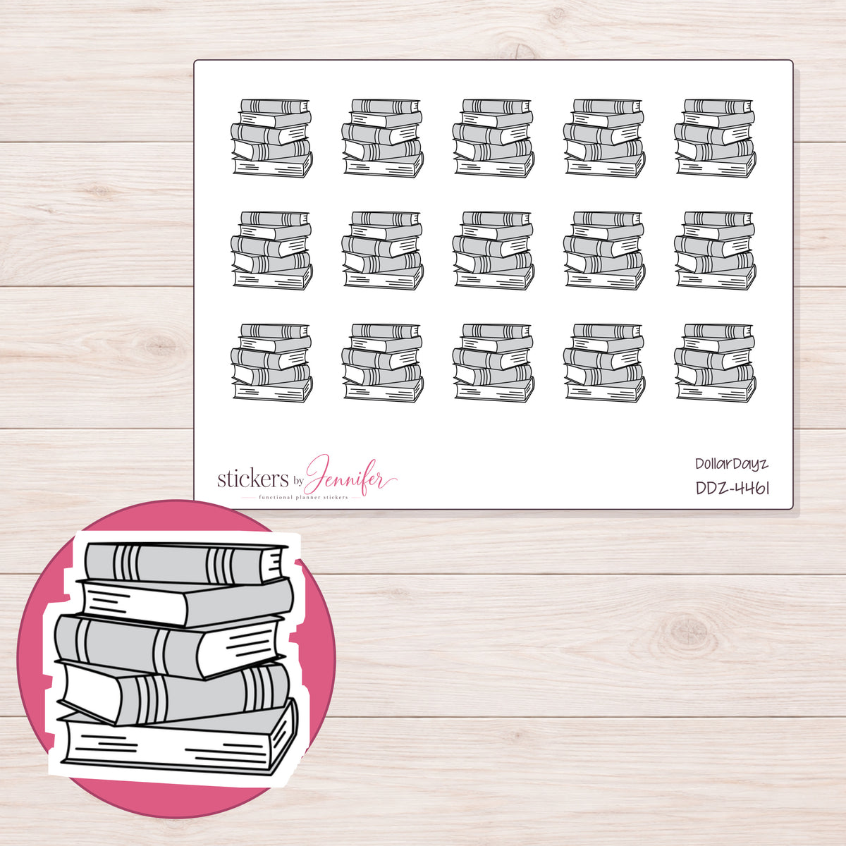 Gray Stacked Books Planner Stickers | DDZ-4461 — 4 × 3 inch sheet and enlarged sticker detail