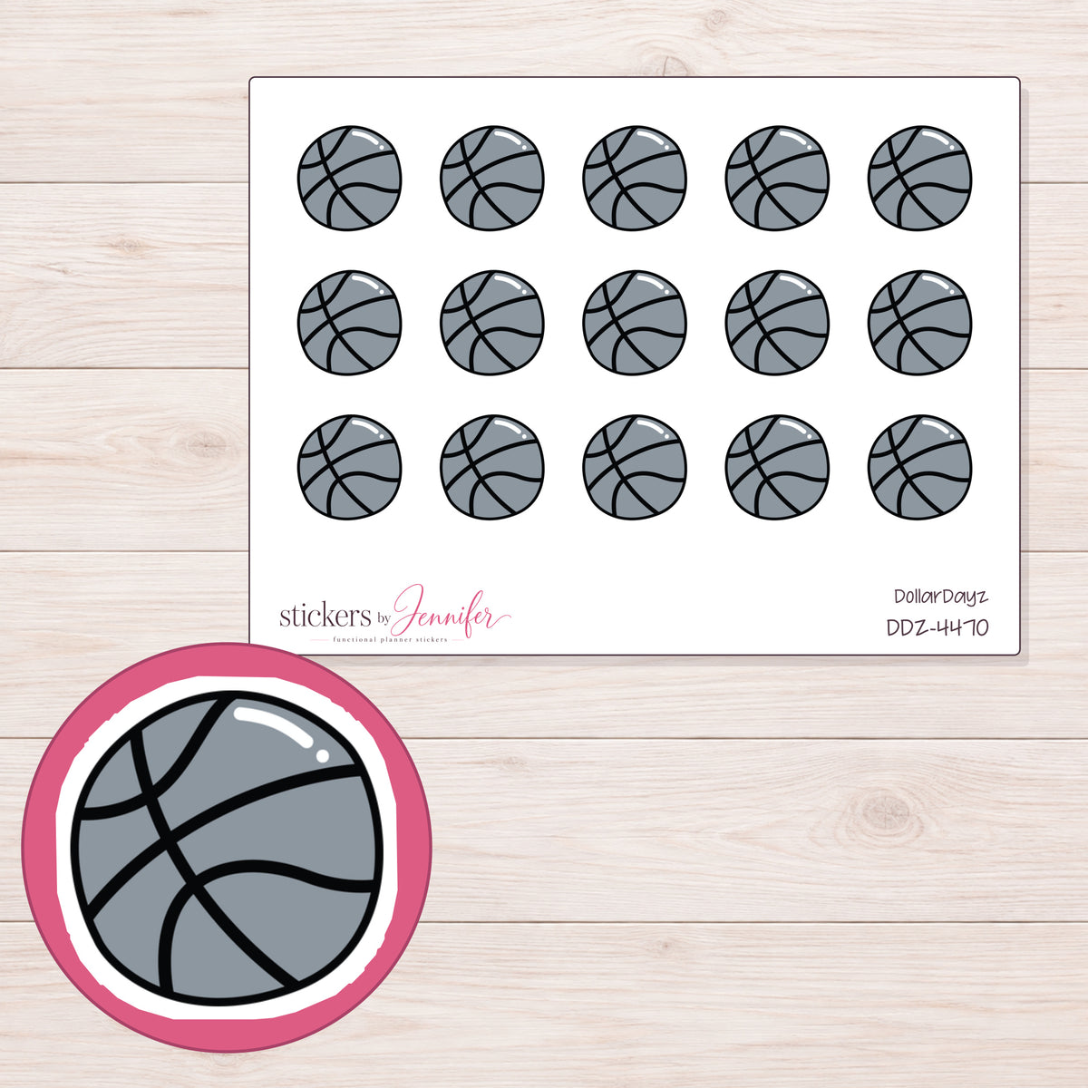 Gray Basketball Planner Stickers | DDZ-4470 — 4 × 3 inch sheet and enlarged sticker detail