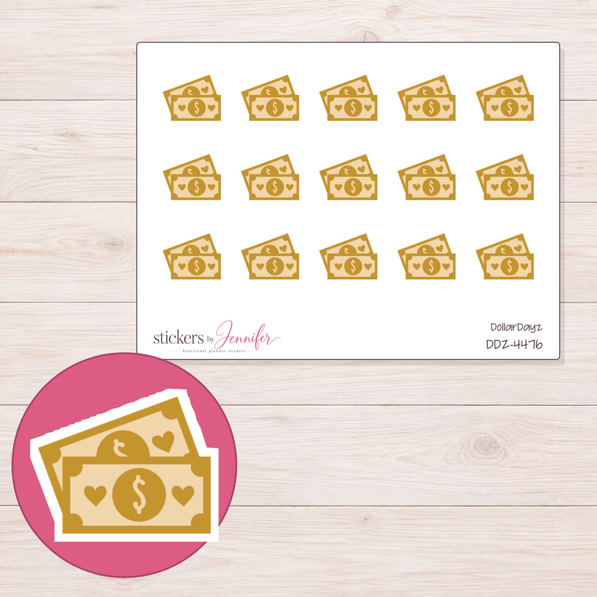 Gold Cash Bills Planner Stickers | DDZ-4476 — 4 × 3 inch sheet and enlarged sticker detail
