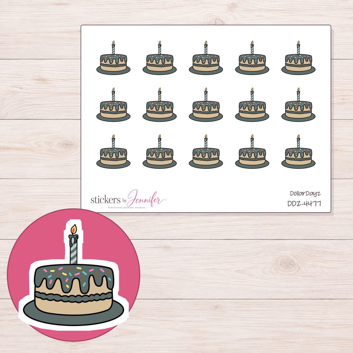 Charcoal Frosted Birthday Cake Planner Stickers | DDZ-4477 — 4 × 3 inch sheet and enlarged sticker detail