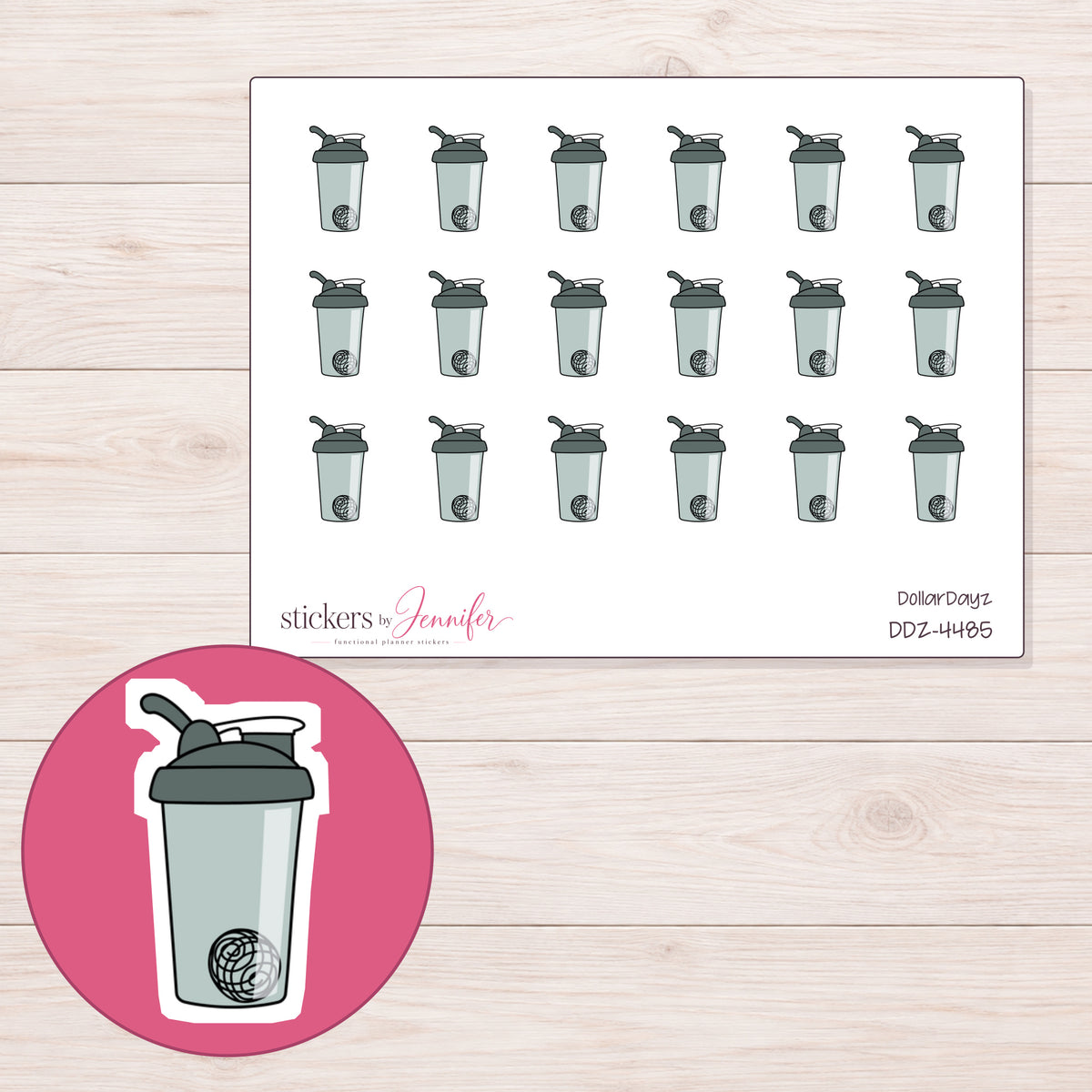 Gray Shaker Bottle Planner Stickers | DDZ-4485 — 4 × 3 inch sheet and enlarged sticker detail