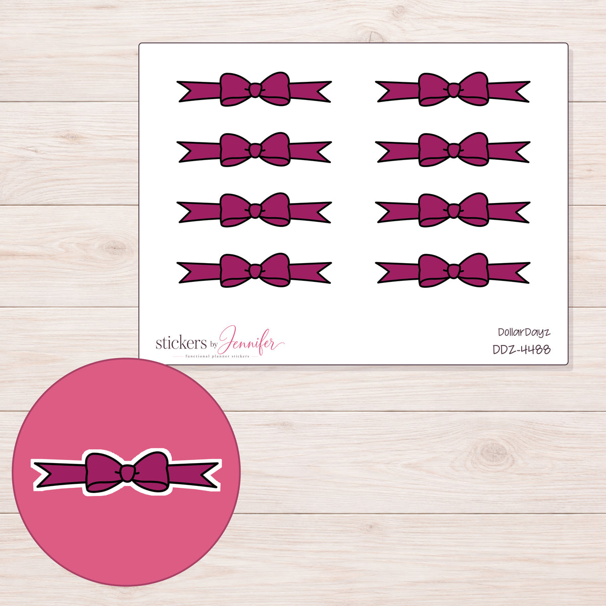 Berry Bow Ribbon Divider Planner Stickers | DDZ-4488 — 4 × 3 inch sheet and enlarged sticker detail