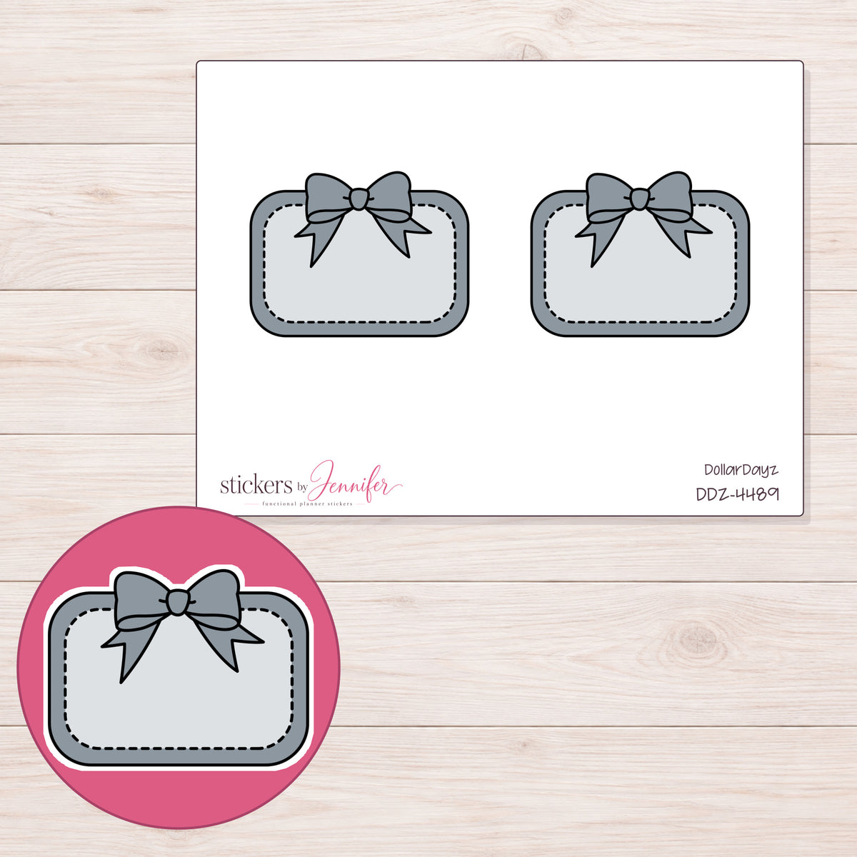 Gray Bow Half Box Label Planner Stickers | DDZ-4489 — 4 × 3 inch sheet and enlarged sticker detail
