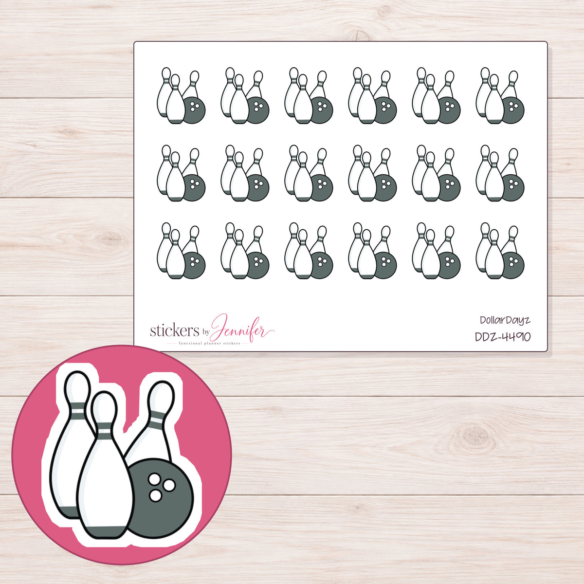 Charcoal Bowling Ball and Pins Planner Stickers | DDZ-4490 — 4 × 3 inch sheet and enlarged sticker detail