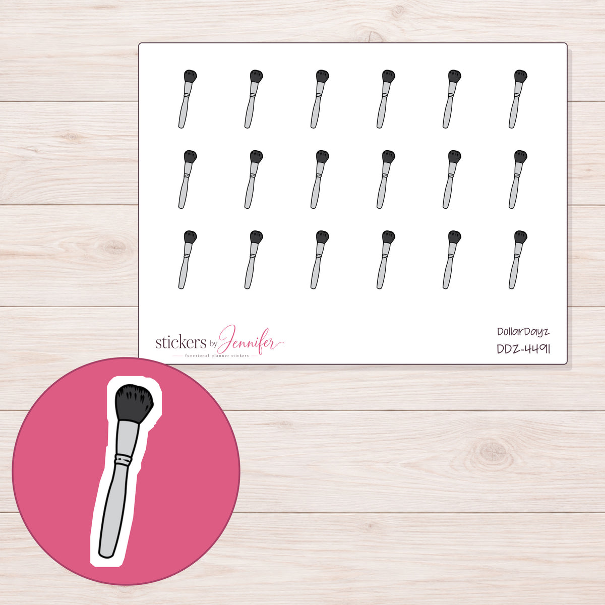 Gray Makeup Brush Planner Stickers | DDZ-4491 — 4 × 3 inch sheet and enlarged sticker detail
