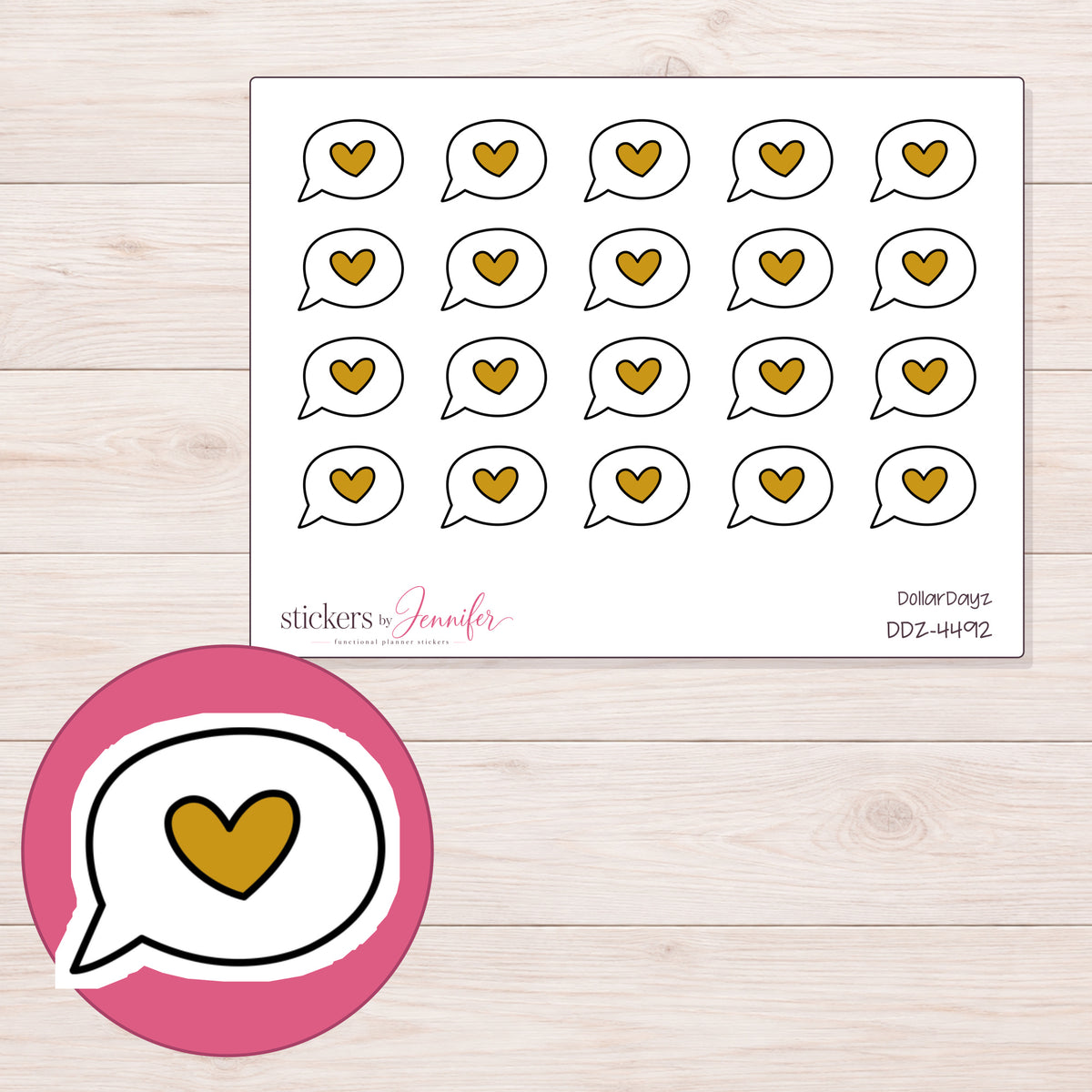 Gold Heart Speech Bubble Planner Stickers | DDZ-4492 — 4 × 3 inch sheet and enlarged sticker detail