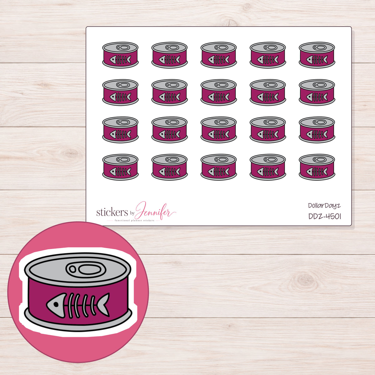 Magenta Cat Food Can Planner Stickers | DDZ-4501 — 4 × 3 inch sheet and enlarged sticker detail