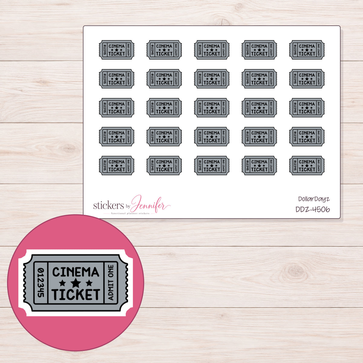 Gray Cinema Ticket Planner Stickers | DDZ-4506 — 4 × 3 inch sheet and enlarged sticker detail