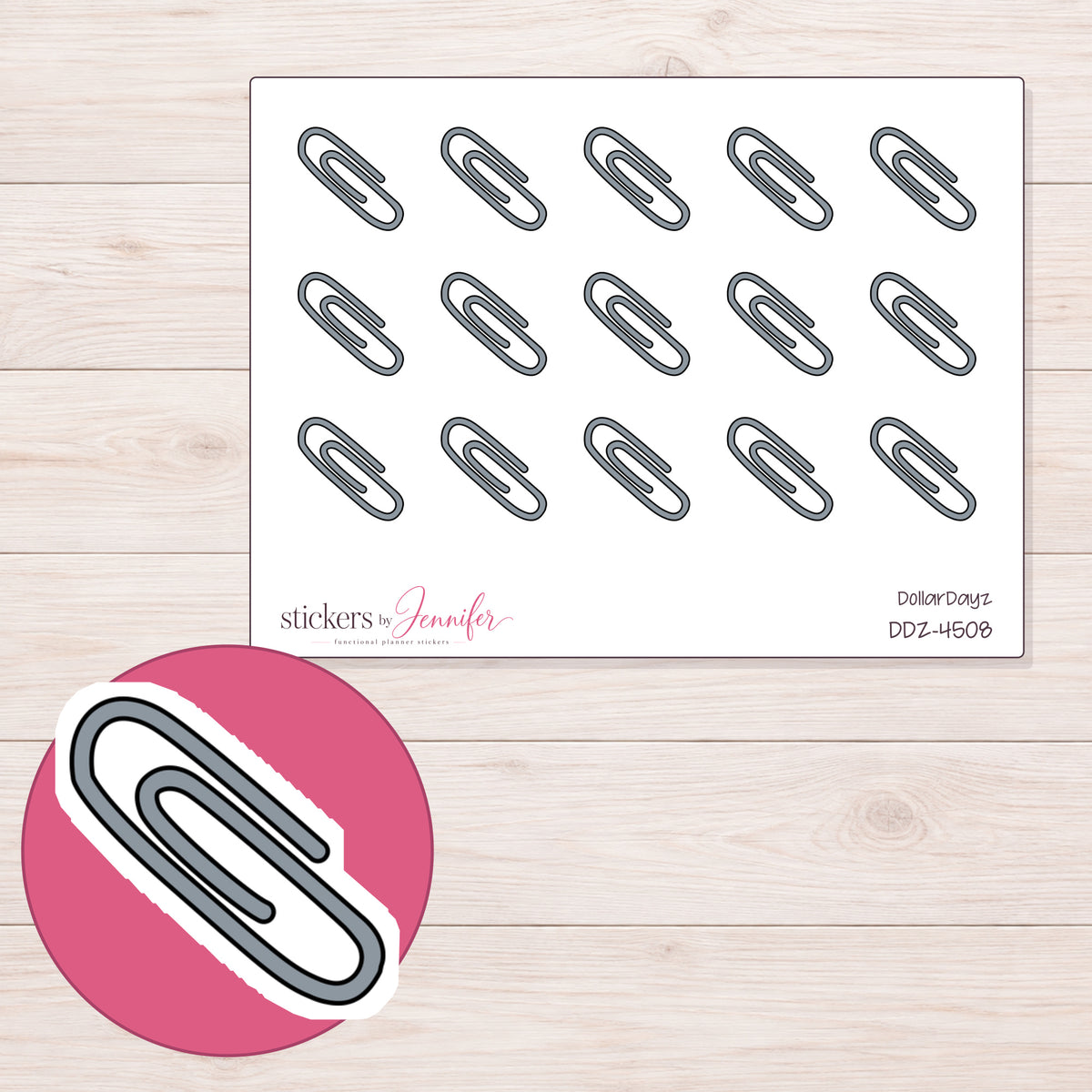 Gray Paper Clip Planner Stickers | DDZ-4508 — 4 × 3 inch sheet and enlarged sticker detail