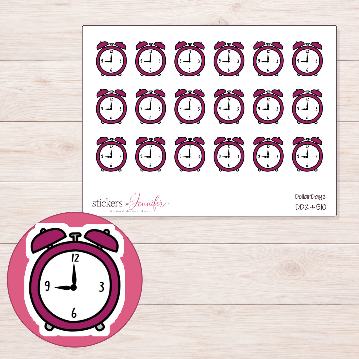 Magenta Alarm Clock Planner Stickers | DDZ-4510 — 4 × 3 inch sheet and enlarged sticker detail