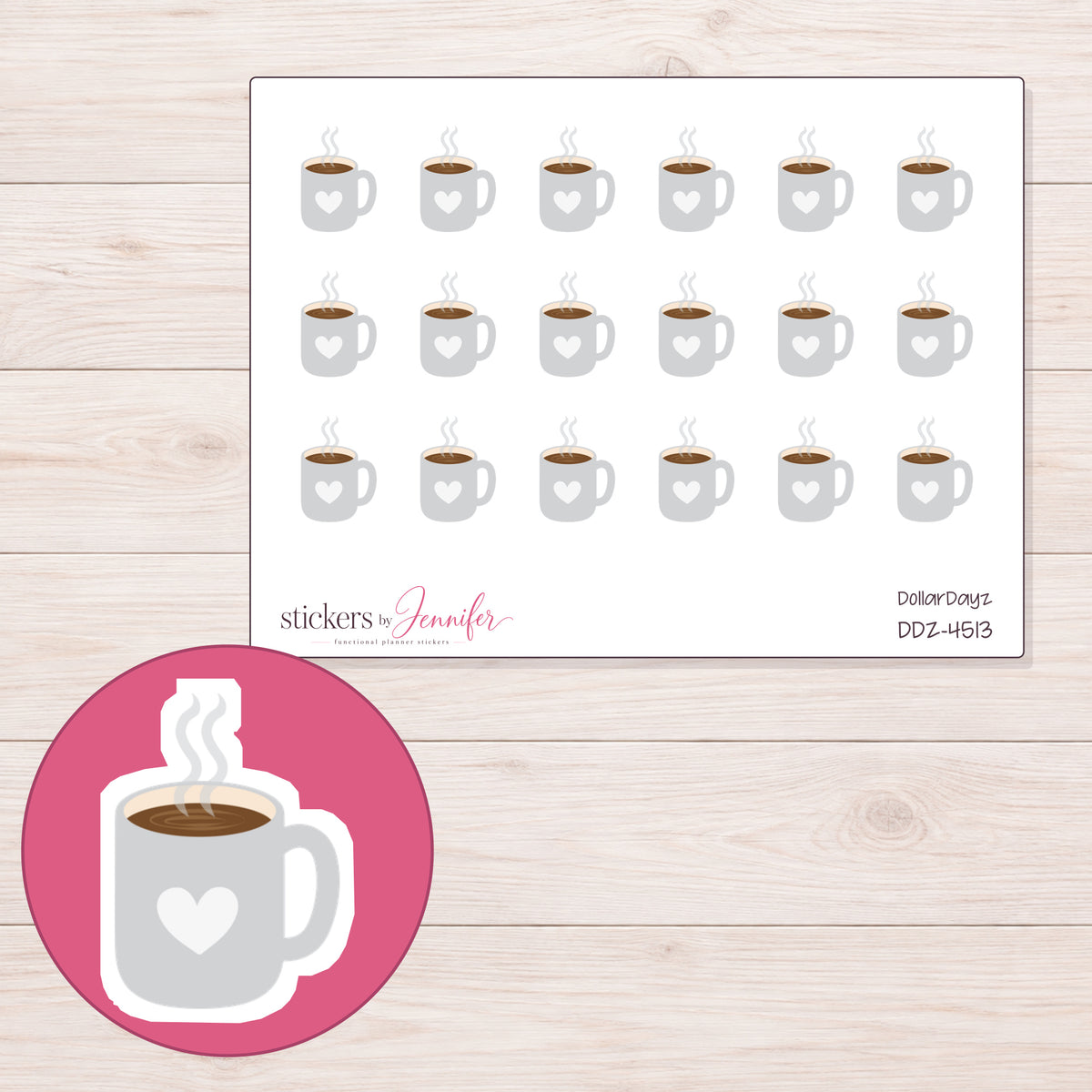 Light Gray Heart Coffee Mug Planner Stickers | DDZ-4513 — 4 × 3 inch sheet and enlarged sticker detail