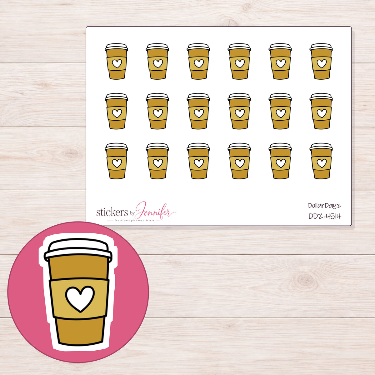 Gold Heart Takeaway Coffee Planner Stickers | DDZ-4514 — 4 × 3 inch sheet and enlarged sticker detail