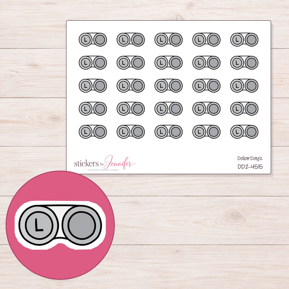 Gray Contact Lens Case Planner Stickers | DDZ-4515 — 4 × 3 inch sheet and enlarged sticker detail