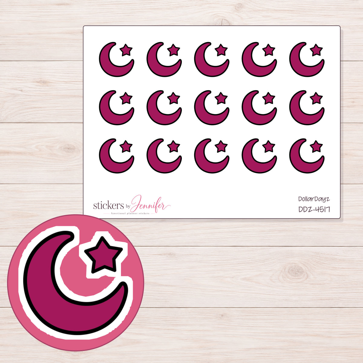 Magenta Crescent Moon and Star Planner Stickers | DDZ-4517 — 4 × 3 inch sheet and enlarged sticker detail