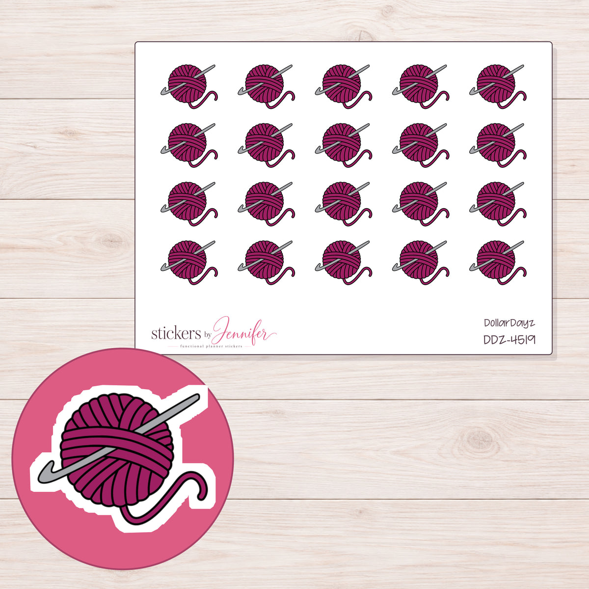 Magenta Yarn Ball and Hook Planner Stickers | DDZ-4519 — 4 × 3 inch sheet and enlarged sticker detail