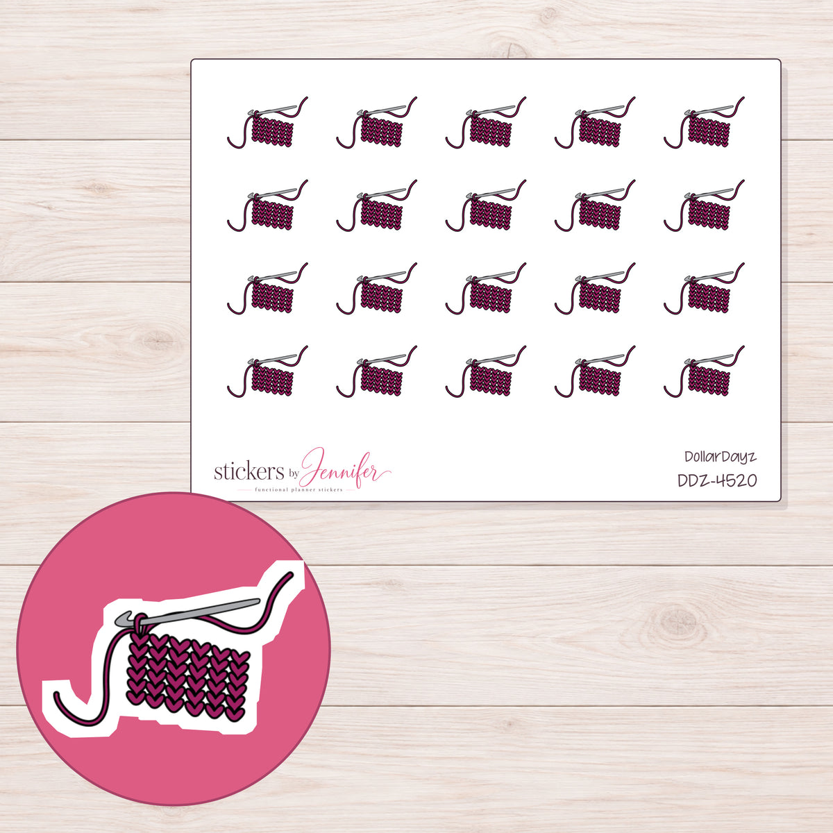 Magenta Crochet Swatch Planner Stickers | DDZ-4520 — 4 × 3 inch sheet and enlarged sticker detail