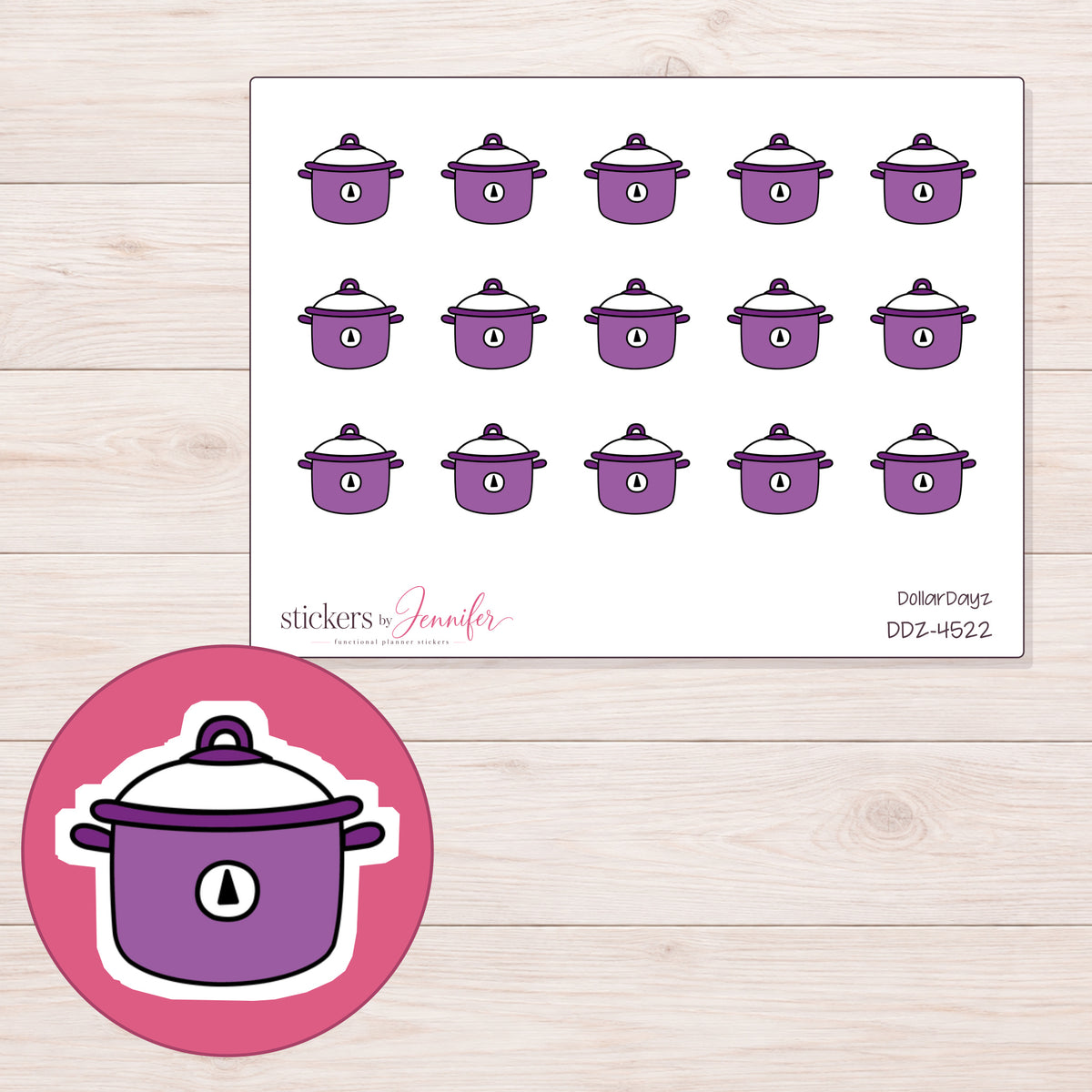 Purple Slow Cooker Planner Stickers | DDZ-4522 — 4 × 3 inch sheet and enlarged sticker detail