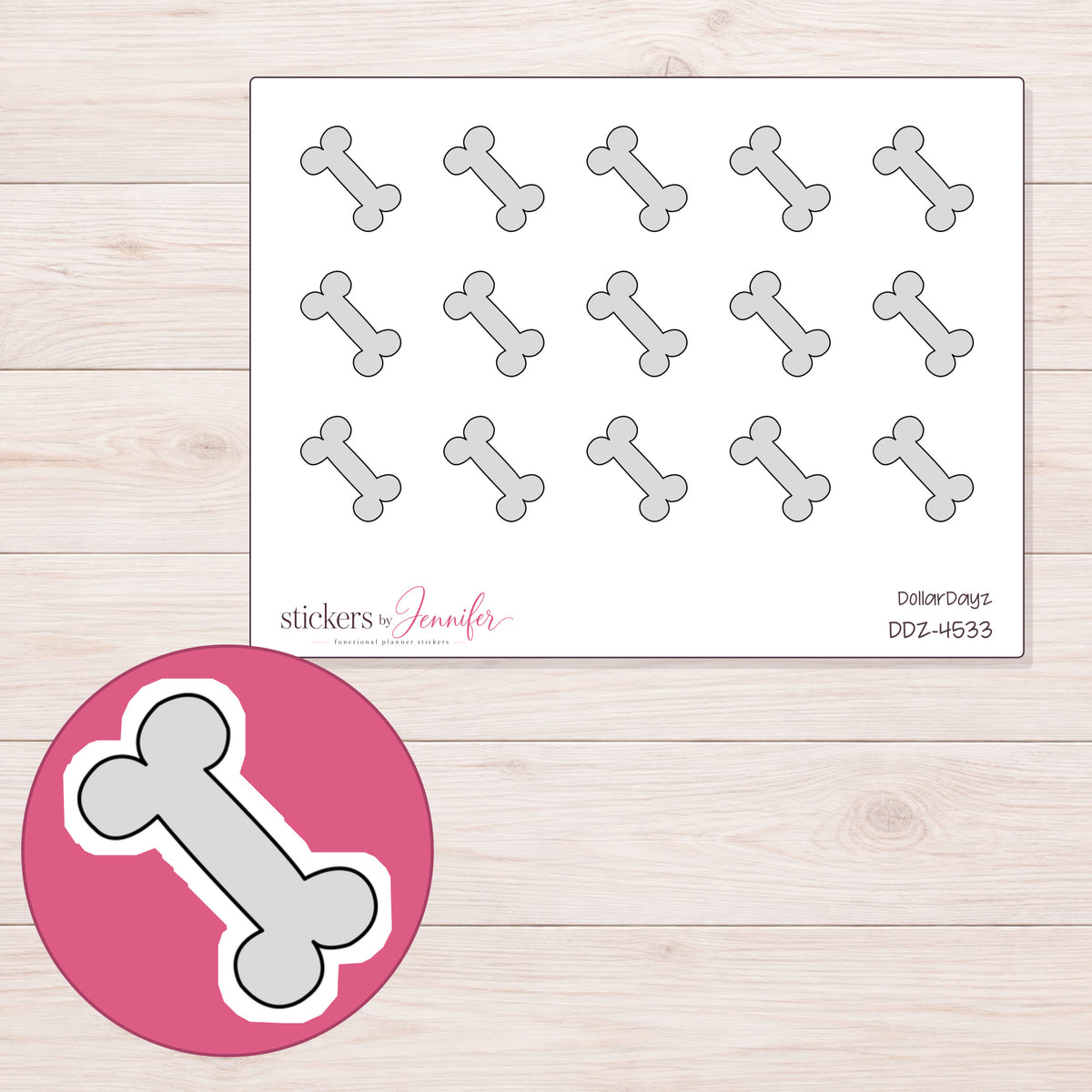 Light Gray Dog Bone Planner Stickers | DDZ-4533 — 4 × 3 inch sheet and enlarged sticker detail
