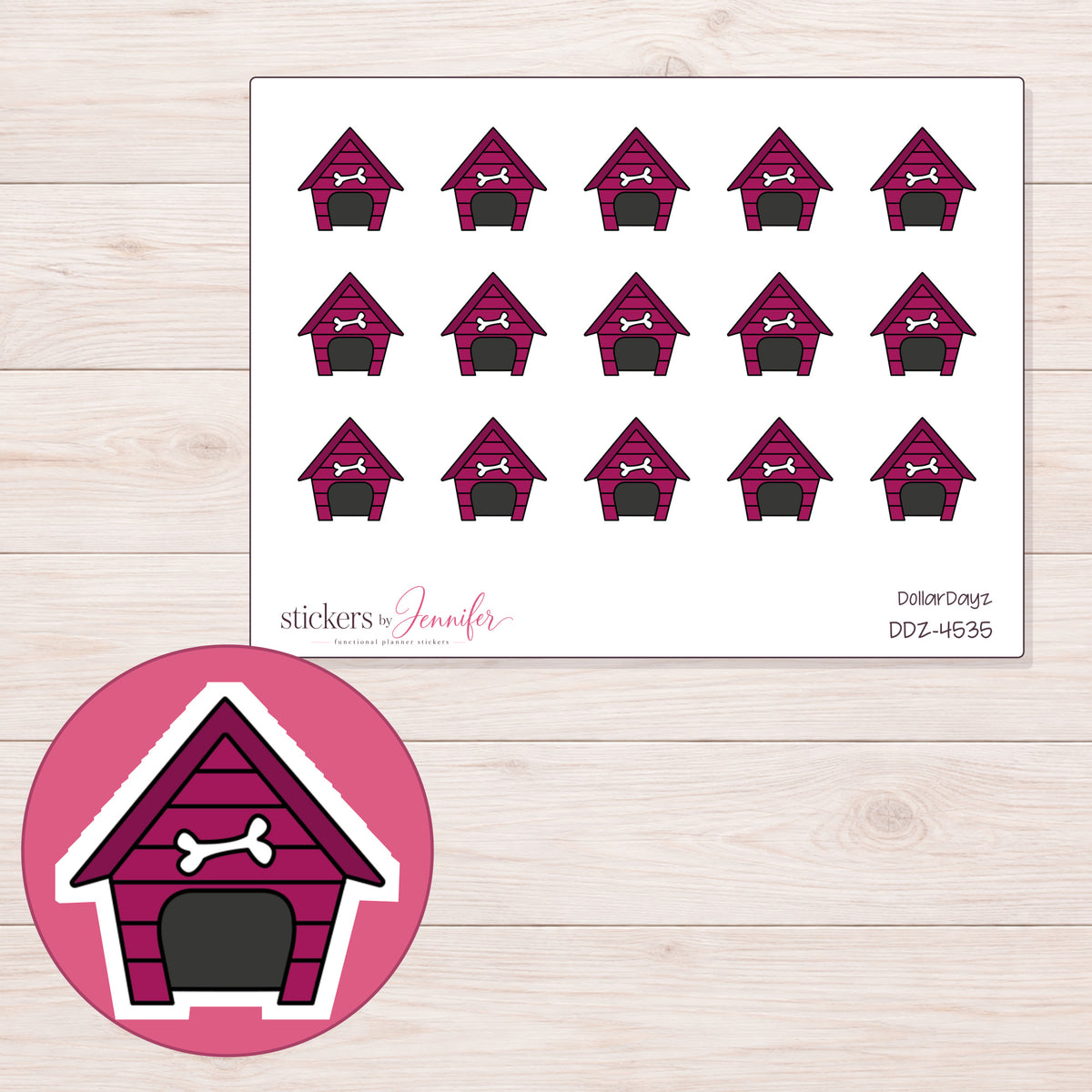 Magenta Dog House Planner Stickers | DDZ-4535 — 4 × 3 inch sheet and enlarged sticker detail