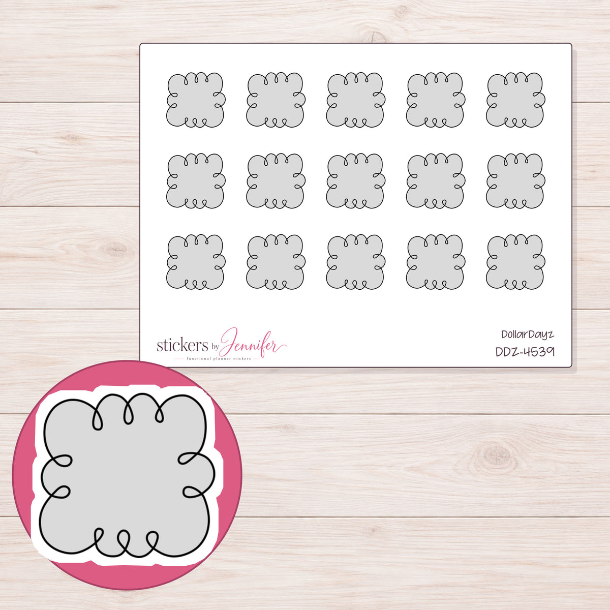Gray Doodle Note Cloud Planner Stickers | DDZ-4539 — 4 × 3 inch sheet and enlarged sticker detail