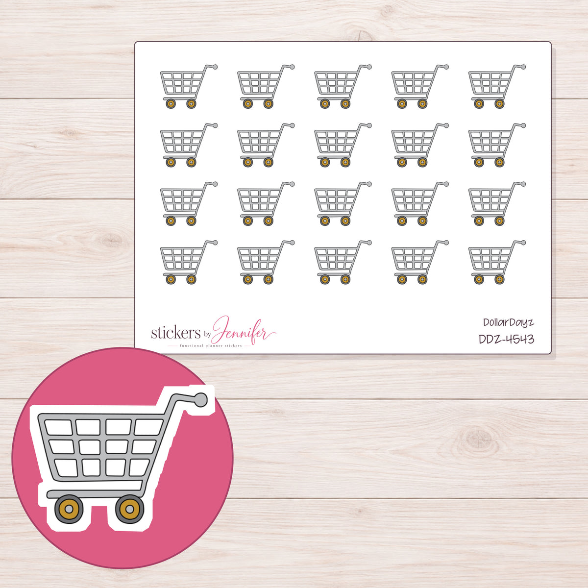 Gray Grocery Cart Planner Stickers | DDZ-4543 — 4 × 3 inch sheet and enlarged sticker detail
