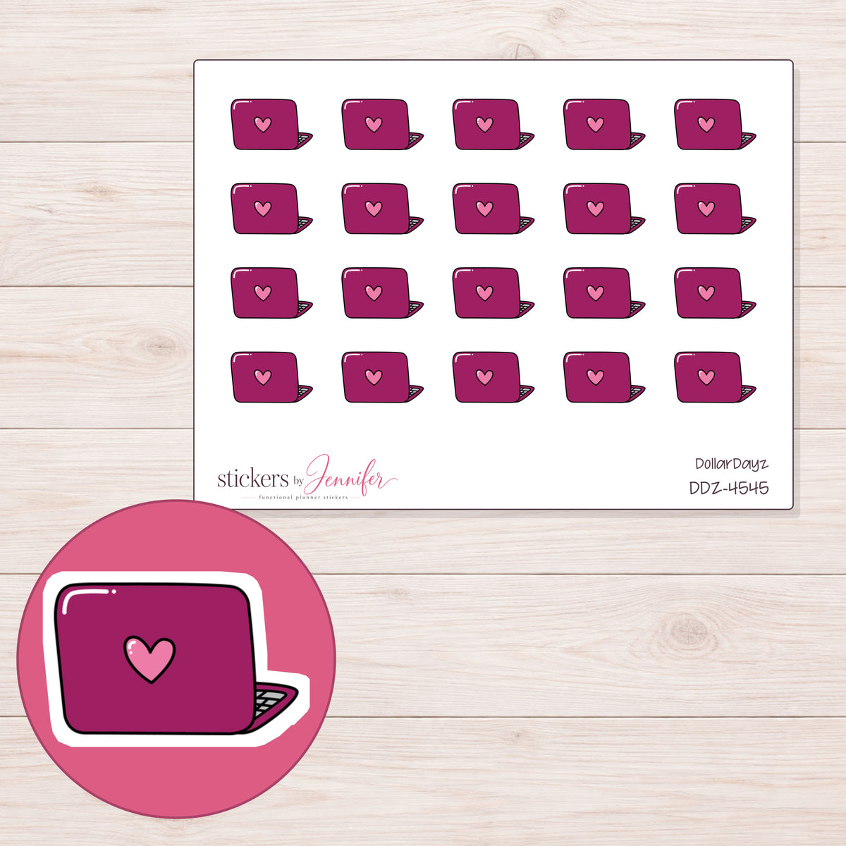 Magenta Heart Laptop Planner Stickers | DDZ-4545 — 4 × 3 inch sheet and enlarged sticker detail