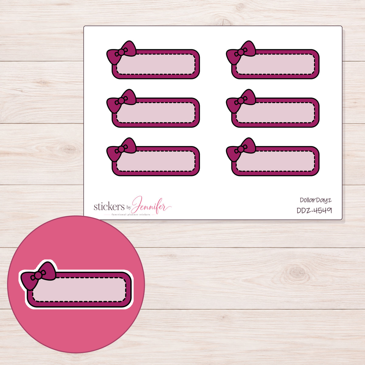 Berry Bow Quarter Box Label Planner Stickers | DDZ-4549 — 4 × 3 inch sheet and enlarged sticker detail
