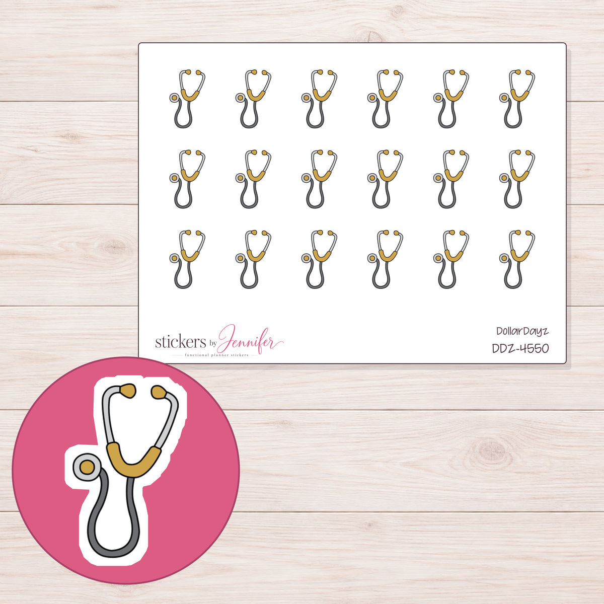 Gold Accent Stethoscope Planner Stickers | DDZ-4550 — 4 × 3 inch sheet and enlarged sticker detail