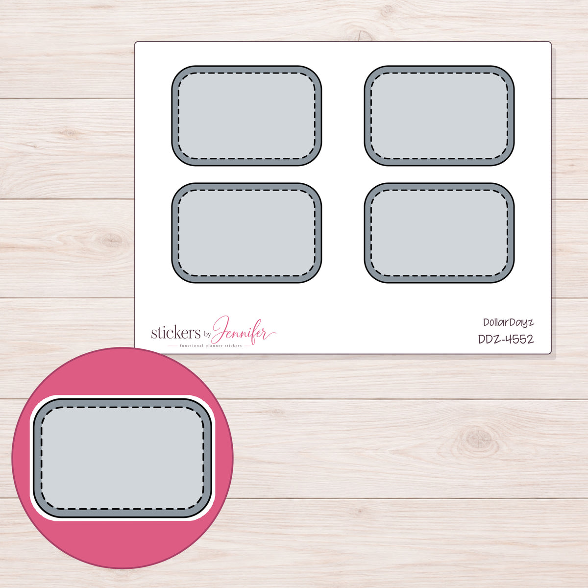 Gray Stitched Half Box Label Planner Stickers | DDZ-4552 — 4 × 3 inch sheet and enlarged sticker detail