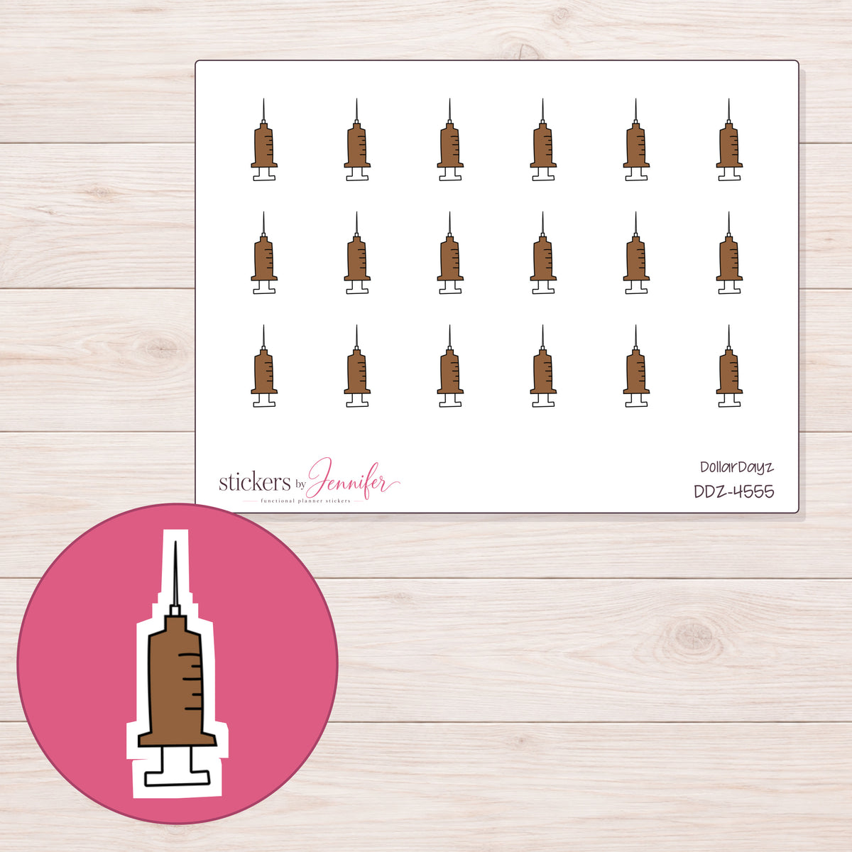 Brown Syringe Icon Planner Stickers | DDZ-4555 — 4 × 3 inch sheet and enlarged sticker detail