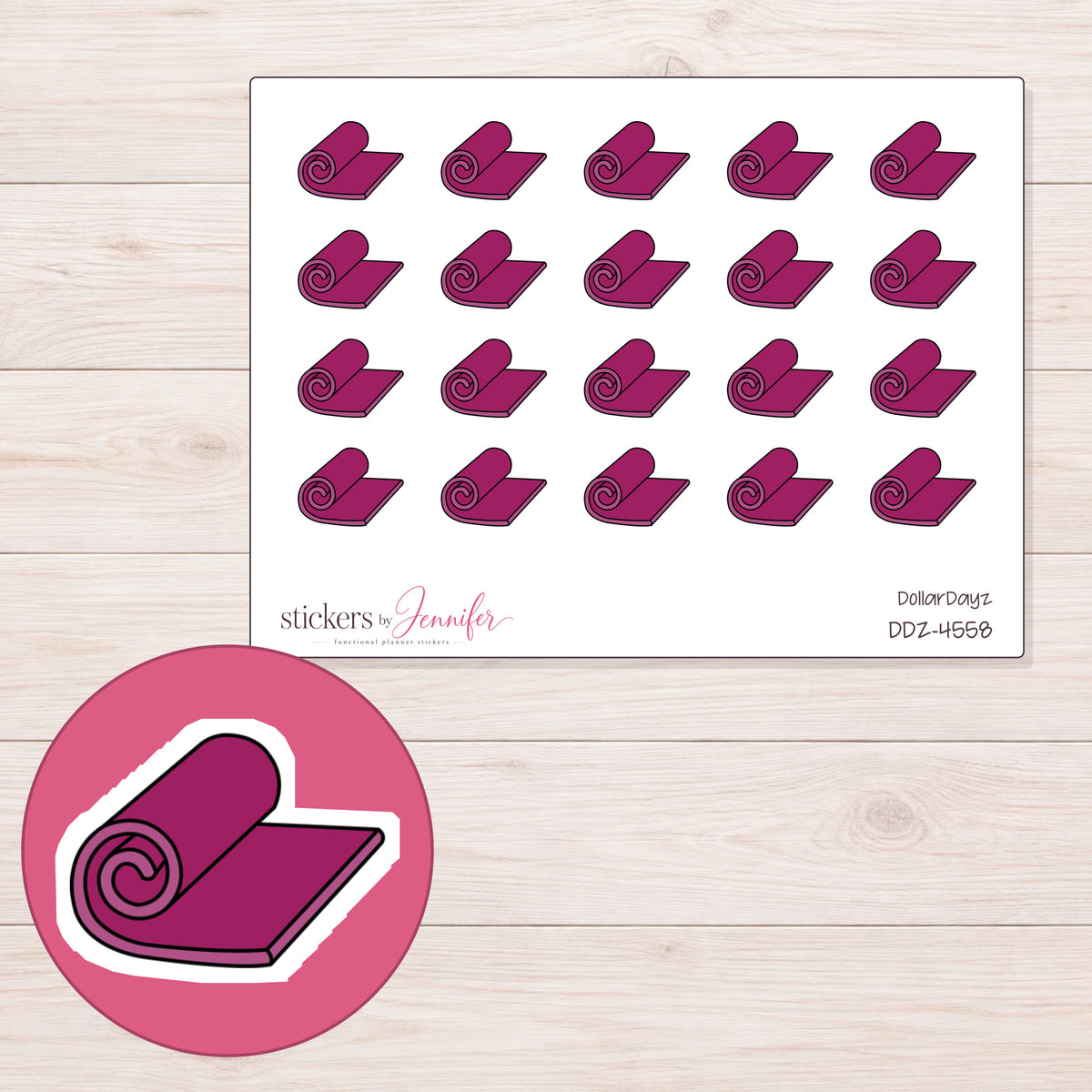 Magenta Yoga Mat Planner Stickers | DDZ-4558 — 4 × 3 inch sheet and enlarged sticker detail