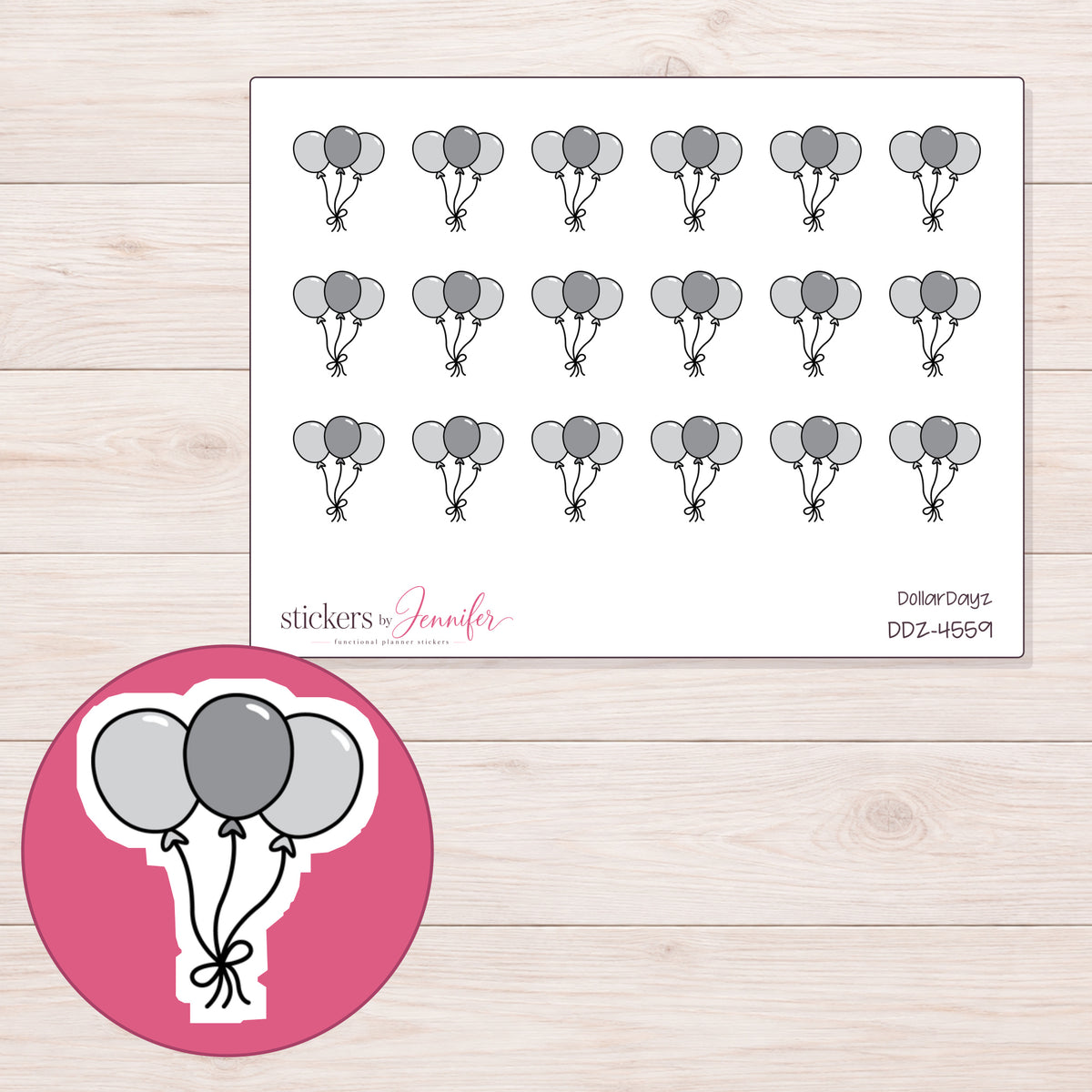 Gray Balloon Bunch Planner Stickers | DDZ-4559 — 4 × 3 inch sheet and enlarged sticker detail