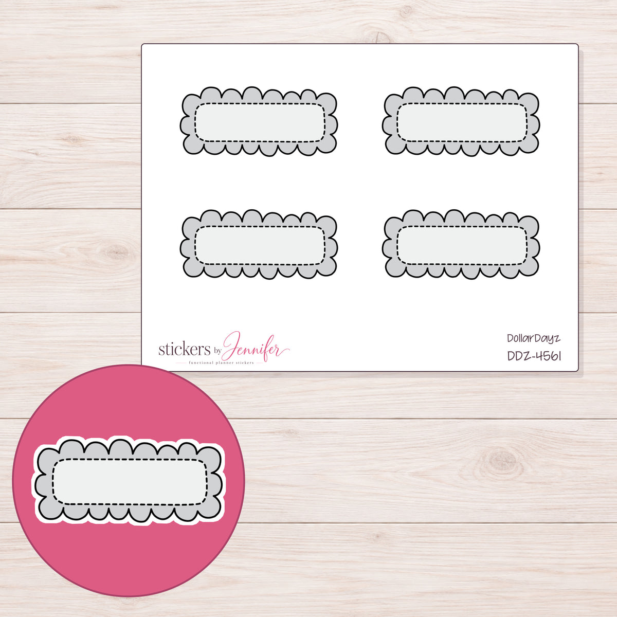 Gray Doodle Scallop Quarter Box Planner Stickers | DDZ-4561 — 4 × 3 inch sheet and enlarged sticker detail