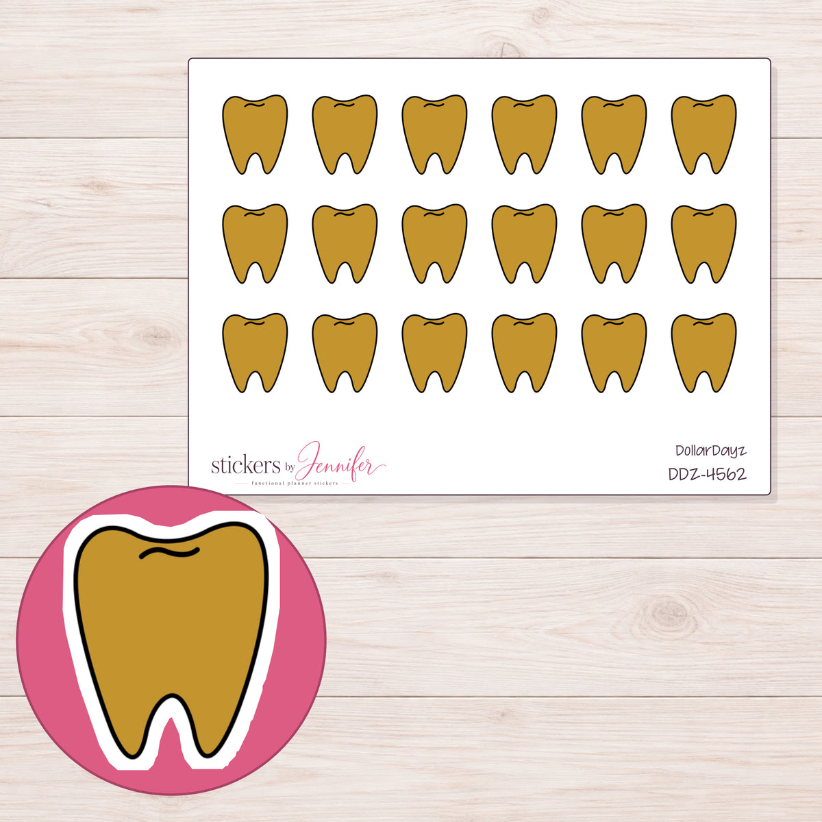 Gold Tooth Planner Stickers | DDZ-4562 — 4 × 3 inch sheet and enlarged sticker detail