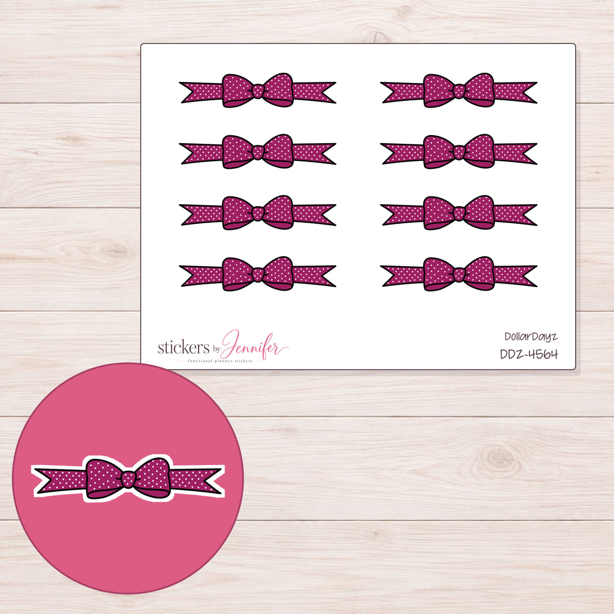 Berry Polka Dot Bow Divider Planner Stickers | DDZ-4564 — 4 × 3 inch sheet and enlarged sticker detail