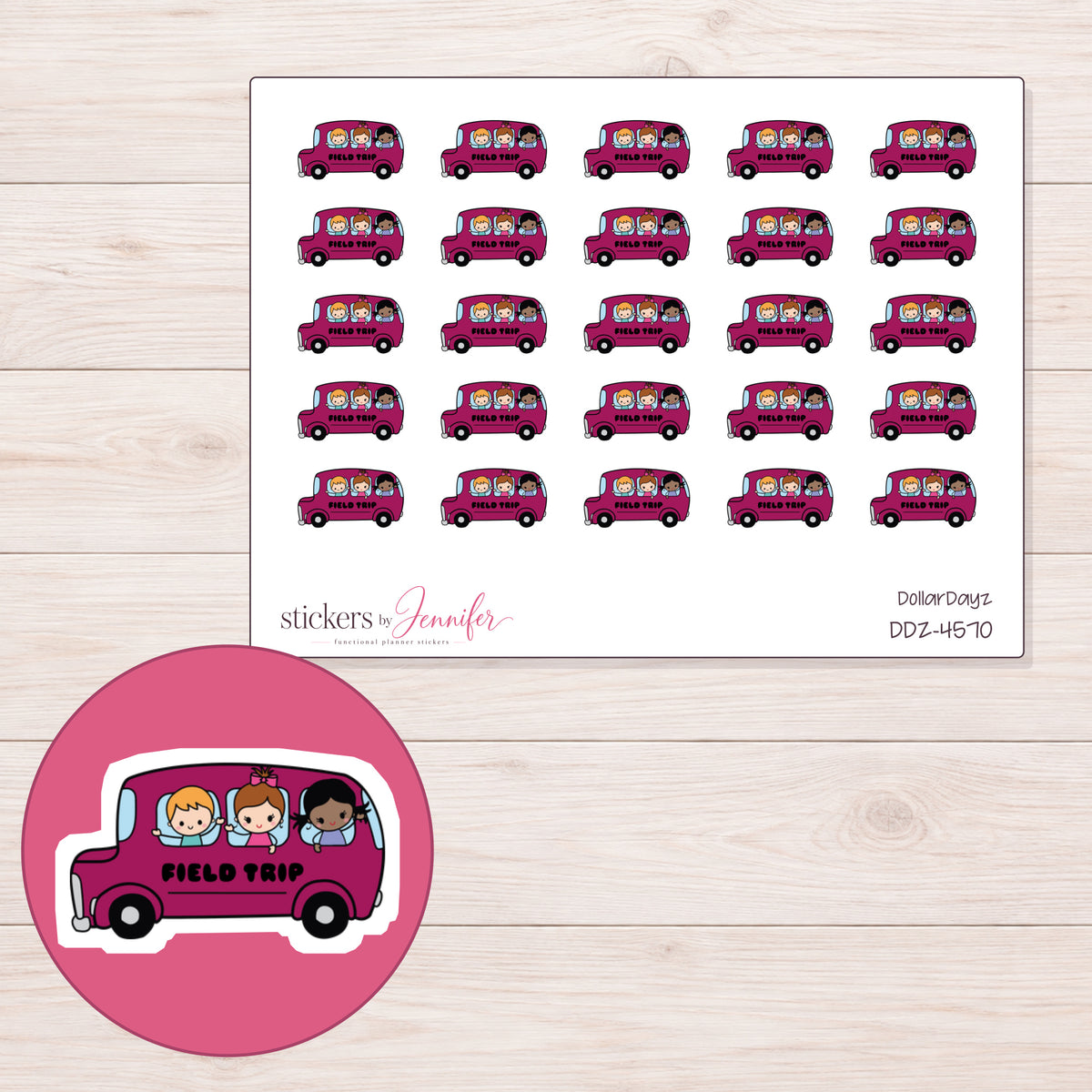 Magenta Field Trip Bus with Text Planner Stickers | DDZ-4570 — 4 × 3 inch sheet and enlarged sticker detail