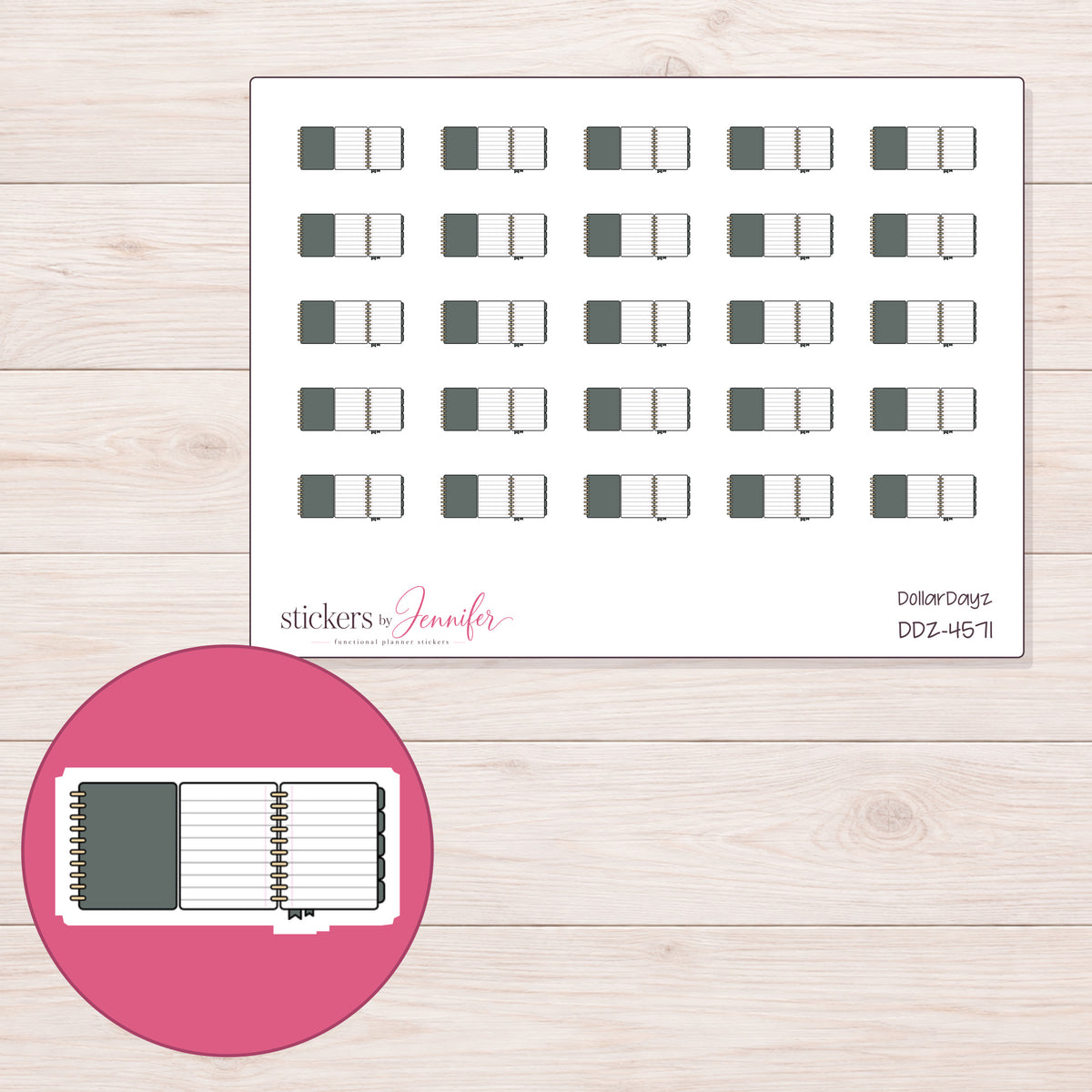 Gray Foldout Planner Stickers | DDZ-4571 — 4 × 3 inch sheet and enlarged sticker detail