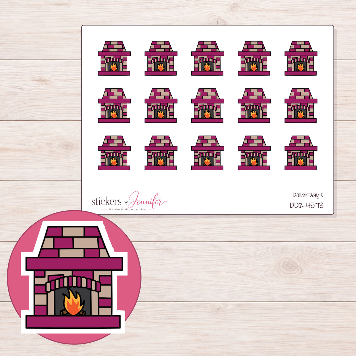 Magenta Brick Fireplace Planner Stickers | DDZ-4573 — 4 × 3 inch sheet and enlarged sticker detail