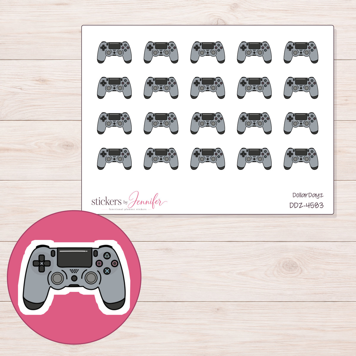 Gray Game Controller Planner Stickers | DDZ-4583 — 4 × 3 inch sheet and enlarged sticker detail