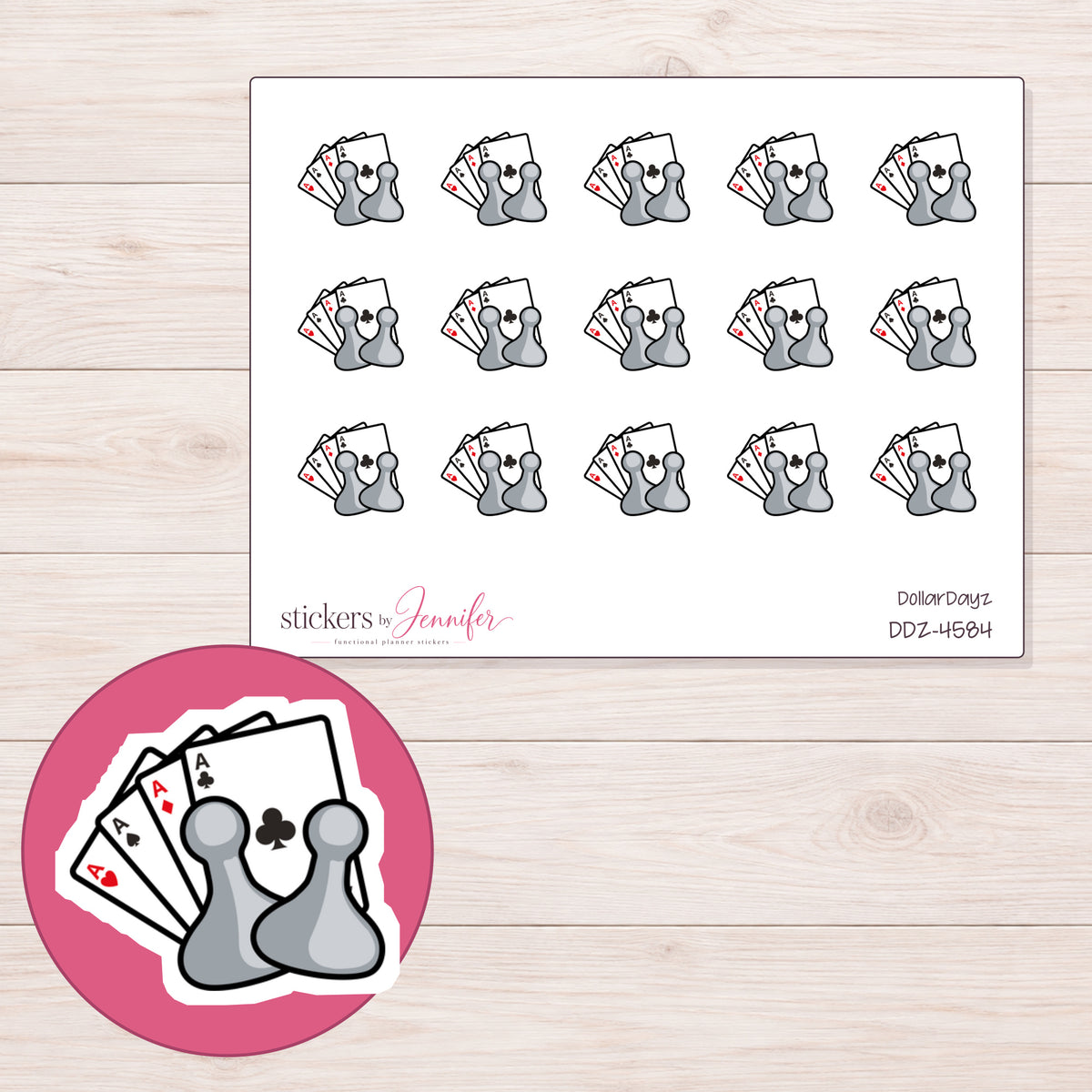 Cards and Game Pieces Planner Stickers | DDZ-4584 — 4 × 3 inch sheet and enlarged sticker detail