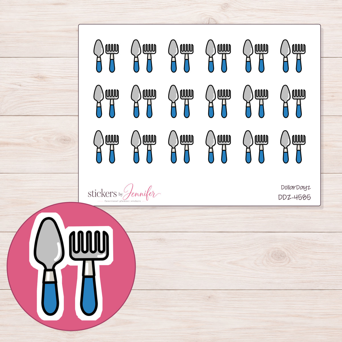 Blue Garden Tools Planner Stickers | DDZ-4585 — 4 × 3 inch sheet and enlarged sticker detail