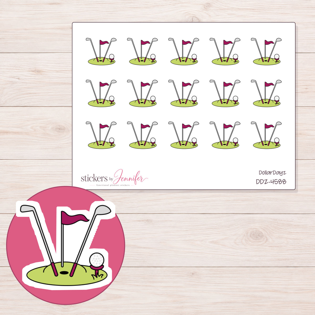 Golf Clubs and Putting Green Planner Stickers | DDZ-4588 — 4 × 3 inch sheet and enlarged sticker detail