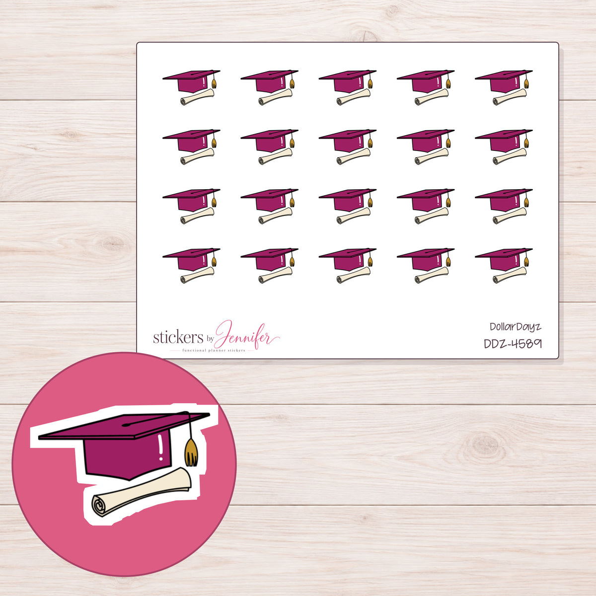 Magenta Graduation Cap Planner Stickers | DDZ-4589 — 4 × 3 inch sheet and enlarged sticker detail